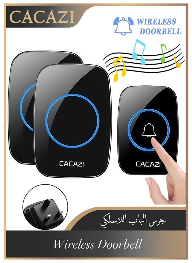 CACAZI Wireless Doorbell Kit, Over 300 Meters Range, IP44 Waterproof Doorbell with 60 Sounds and 5 Levels of Volume, LED Flash, Cordless Doorbell for Home, Hotel, Office and Villa, Warehouse and Anti-Theft, Black - Image 1